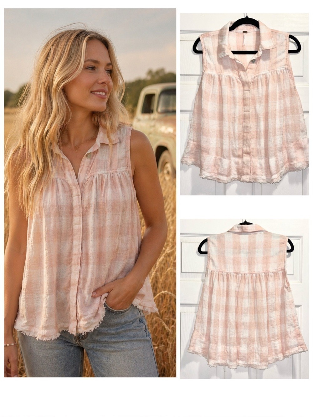 Free People Hey There Sunrise Gingham Tank Top Pink Raw Hem Button Up Size Small